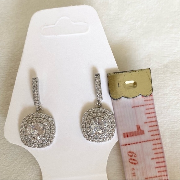 Diamond Halo Square Pendant Drop Dangle Earrings Bridal Wedding New - Picture 6 of 6